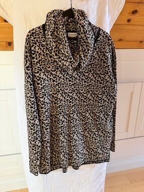 Calvin Klein Leopard Print Cowl Neck Sweater - Black & Cream